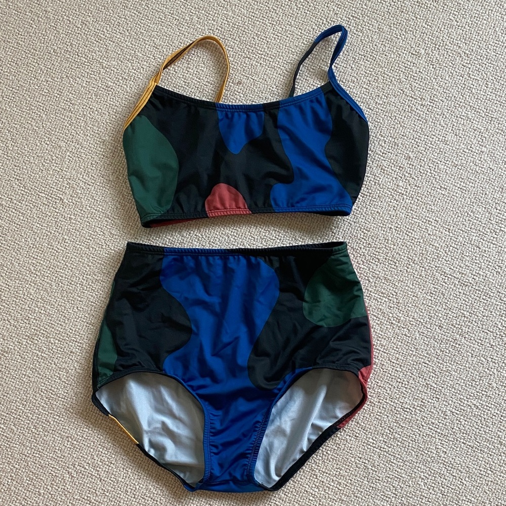 High-Waisted Colorblock Bikini Set - Blue & Green